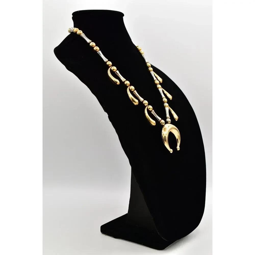 Florenza Vintage Statement Necklace Beaded 2 Tone Silver Gold Signed 50s BinA17
